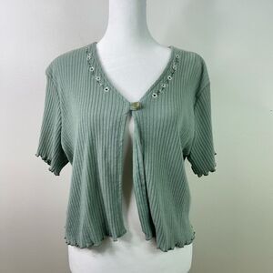 Y2K Pellini Sage Green Ribbed Baby Cardigan Women’s XL Ditsy Floral Embroidered